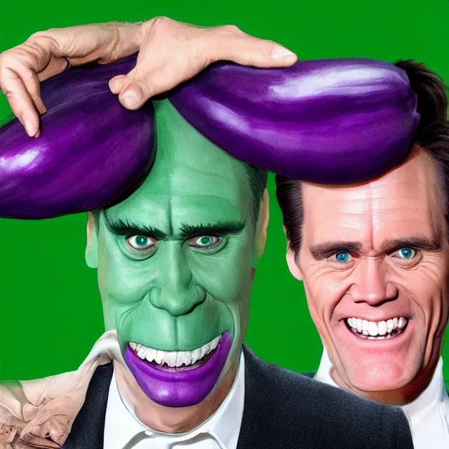 Prompt: jim carrey in a eggplant costume, trending on artstation