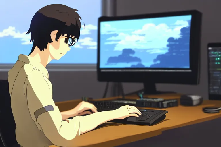 Image similar to a nerdy boy is programming at a computer in a room full of gadgets, very detailed face, by makoto shinkai and ghibli studio, dramatic lighting, highly detailed, incredible quality, trending on artstation