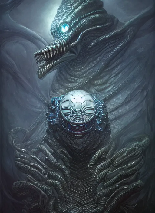 Image similar to dark lovecraft horror machine glowing reptile eyes, silver and blue metal armor, elegant, highly detailed, centered, digital painting, artstation, concept art, smooth, sharp focus, illustration, artgerm, tomasz alen kopera, peter mohrbacher, donato giancola, joseph christian leyendecker, wlop, frank frazetta