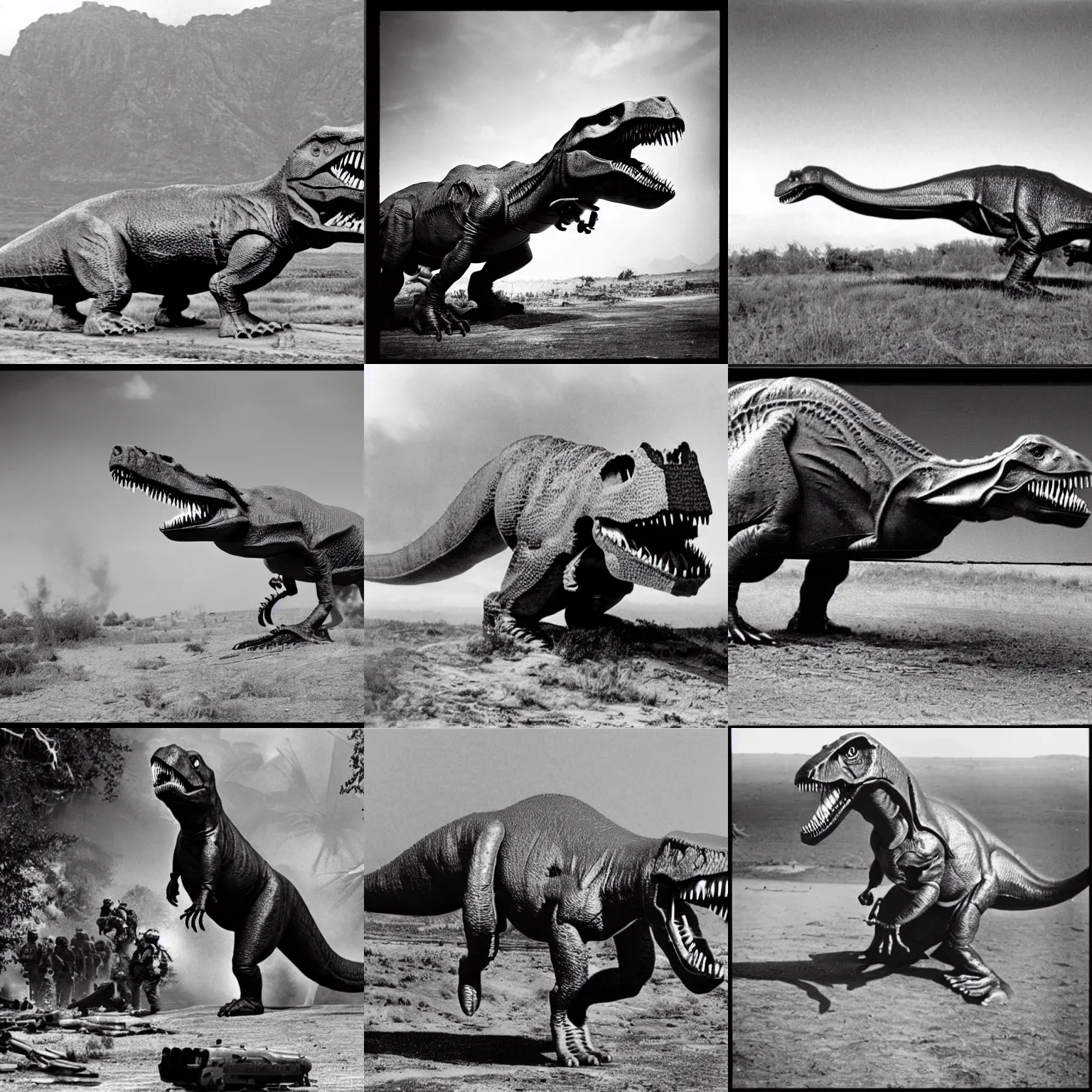 Prompt: an unseen picture of a t-rex in a war zone, black and white photo,