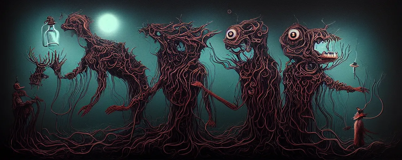 Image similar to whimsical alchemical creatures, surreal dark uncanny painting by ronny khalil