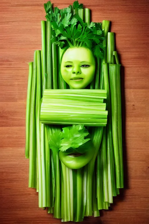 Image similar to selena gomez made out of celery, a human face with celery for hair, celery in the shape of a human face, a bunch of celery sitting on a cutting board, professional food photography