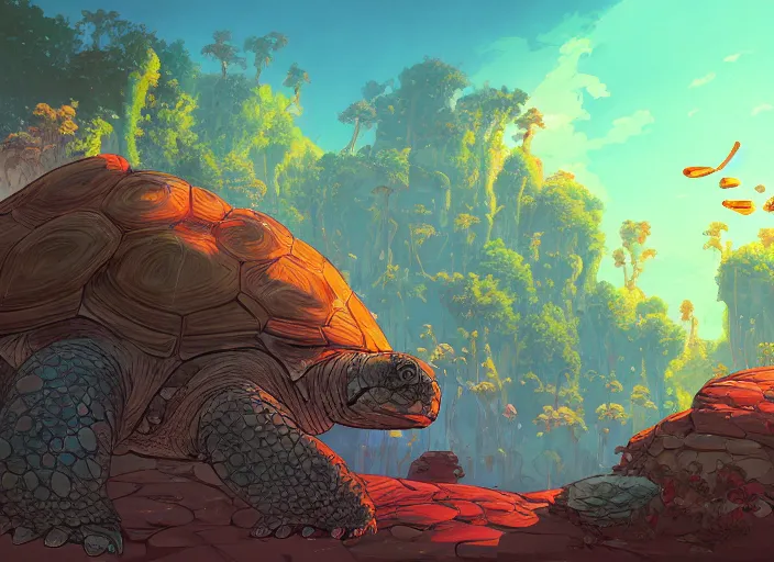 Image similar to concept art of a turtle landscape made of turtles, cel shaded, in the style of makoto shinkai and moebius and peter mohrbacher and anton fadeev