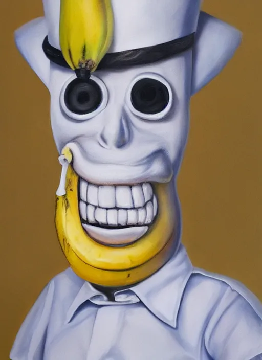 Prompt: hyper realistic painting of an anthropomorphic banana with bloodshot eyes; wearing a white shirt and white top hat; painted by Greg Rukowtski