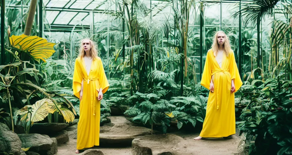 Image similar to Medium format portrait photography of a single elegant woman that look like Brit Marling wearing a yellow kimono in a tropical greenhouse, bokeh