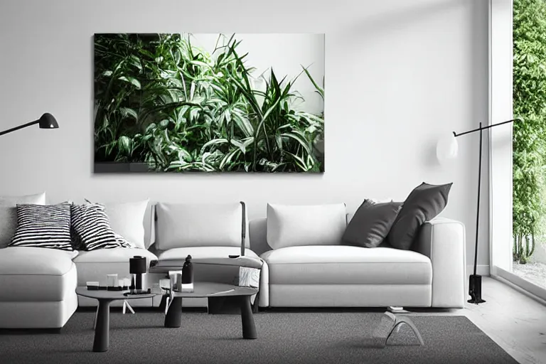 Image similar to minimalist contemporary modern design living room, cozy, calm, plants, big canvas art, hardwoord floor, white walls, highly detailed wide angle photograph