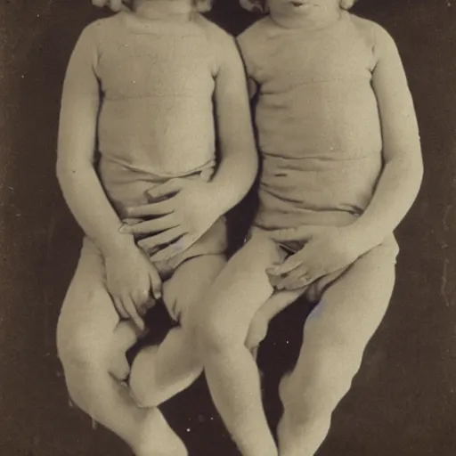 Prompt: photograph of conjoined twins from the 1930s, sepia,