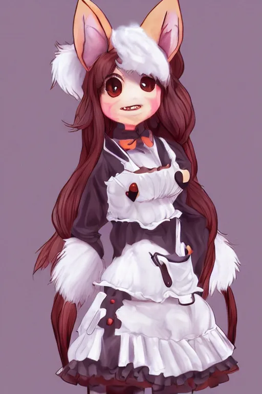 Image similar to a fox fursona!!! with a fluffy tail!!! wearing a maid outfit, highly detailed, digital art, trending on artstation, furry art!!!