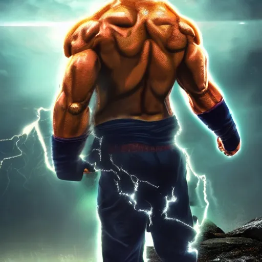 Image similar to photorealistic full shot of Dwayne Johnson as a warrior style goku super saiyan at moonlight, apocalyptic background, snowing, lightning bolt, high detail, unreal engine 4k volumetric light, fog,