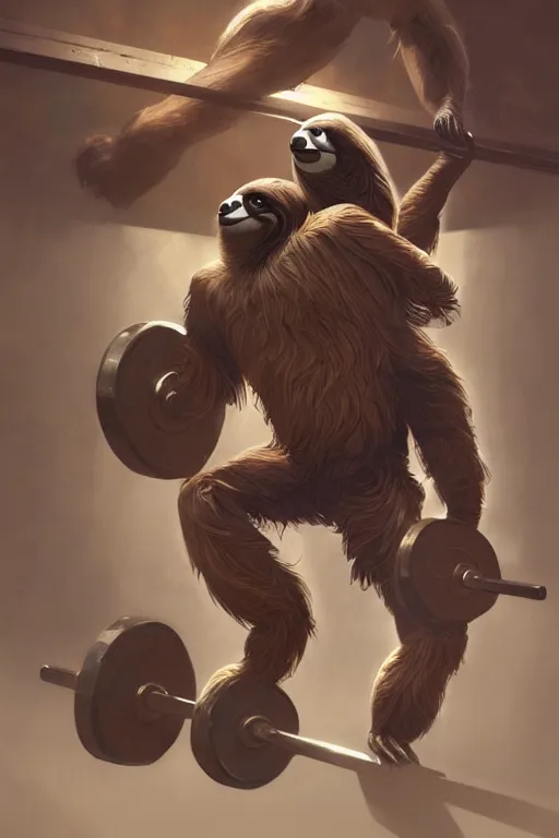 Image similar to anthro sloth lifting weights, dim dingy gym, dynamic pose, fantasy, intricate, elegant, highly detailed, digital painting, artstation, concept art, matte, sharp focus, illustration, art by artgerm and greg rutkowski and alphonse mucha