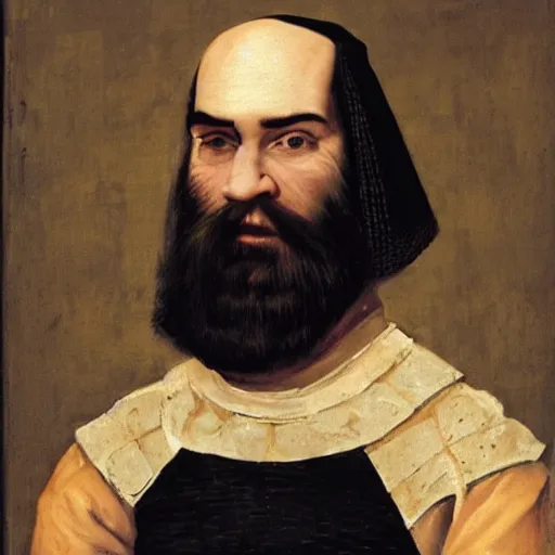 Image similar to medieval nobleman, bald with a black beard and a serious look on his face.