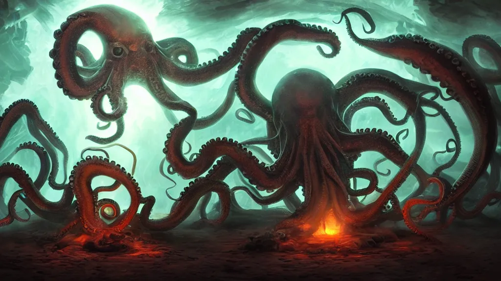 Prompt: mages in circle summoning an evil octopus beast. lighting, flux. fantasy, digital painting, hd, highly detailed.