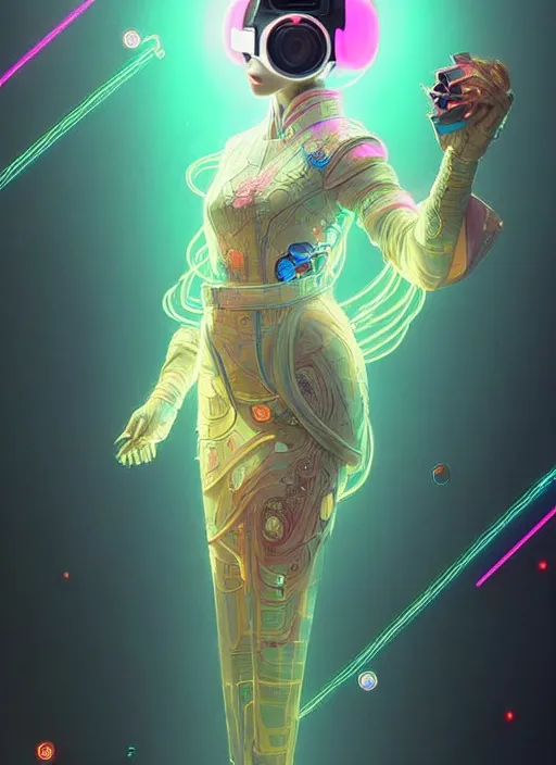 Image similar to portrait of female japanese android wearing a vr headgear and in an elaborate kimono dress, hologram hovering around her, intricate detail, cyber neon lighting, highly detailed, beautiful wide angle photography, artstation, glamor pose, concept art, art by peter mohrbacher, pinterest, artstation,