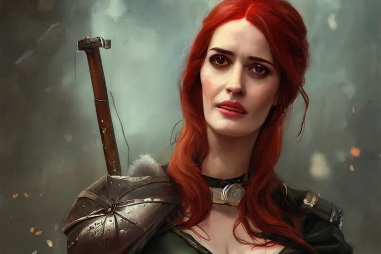 Prompt: A portrait of Eva Green as Triss from the Witcher in her alternative outfit Game by Ruan Jia and Mandy Jurgens and Artgerm and william-adolphe bouguerea, highly detailed, trending on artstation, award winning, H 768