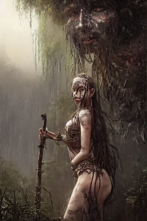 Image similar to young beautiful tribal woman with face paintings and a sword, in a post apocalyptic city overgrown with lush vegetation, by Luis Royo, by Greg Rutkowski, dark, gritty, intricate, volumetric lighting, volumetric atmosphere, concept art, cover illustration, octane render, trending on artstation, 8k