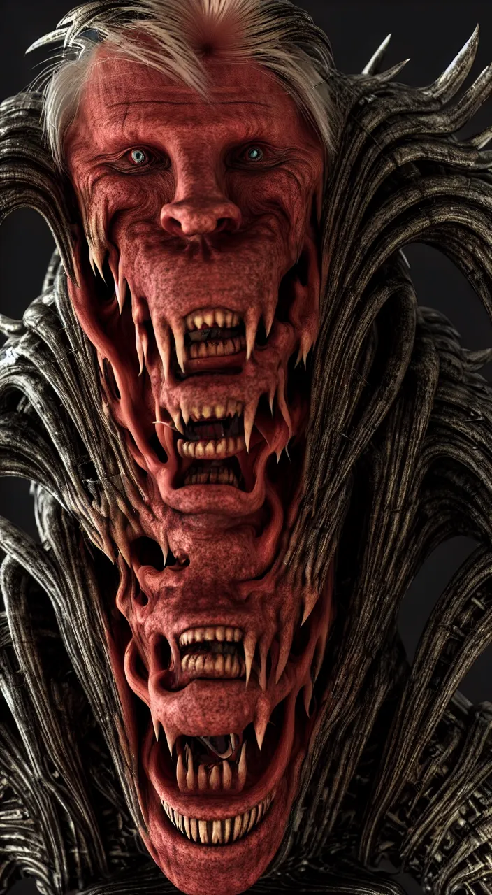 Image similar to gary busey as a monster designed by hr giger, colorful horror video game, sci fi horror,, body horror, unreal engine, octane render, depth of field, cycles render, hd