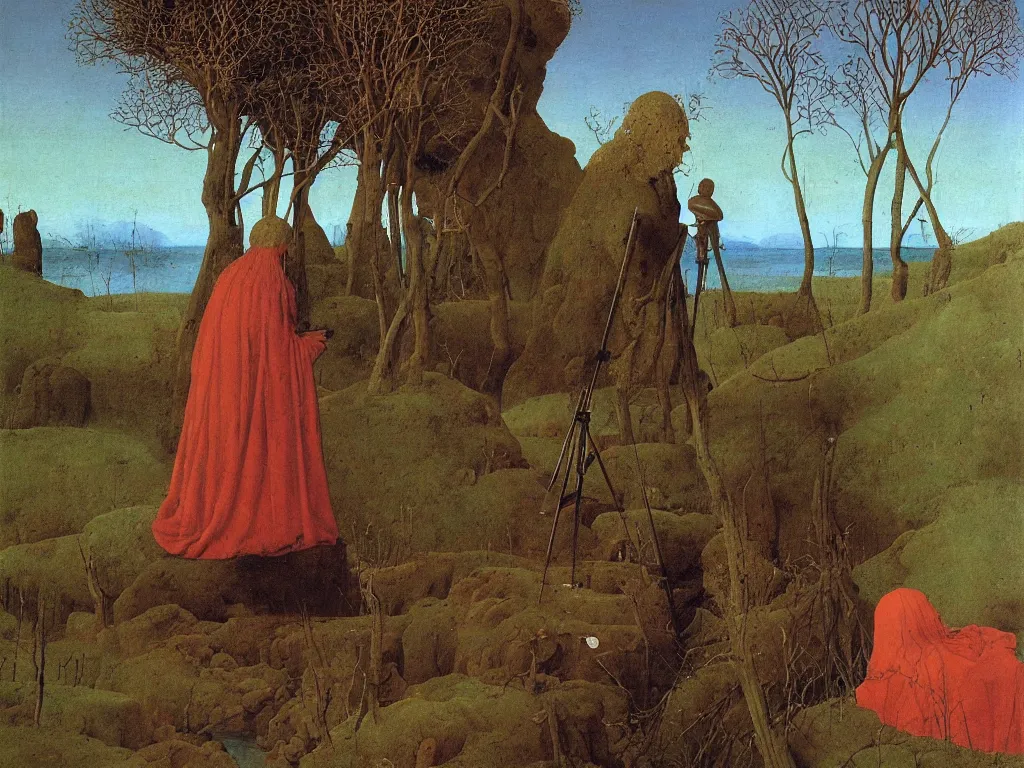 Image similar to Portrait of a painter painting on his easel knee deep in a river. Humanoid rocks, coral-like pebbles, orchard in bloom. Painting by Jan van Eyck, Roger Dean, Beksinski, Piero della Francesca