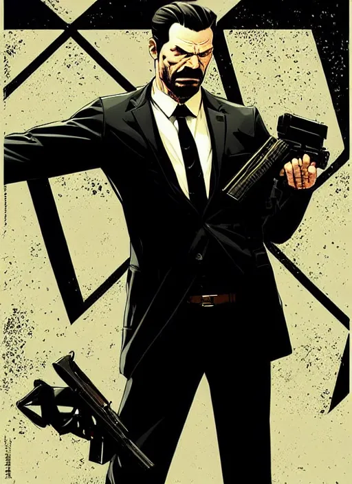 Image similar to Max Payne in a suit, poster artwork by Michael Whelan and Tomer Hanuka, retrofuturistic, clean