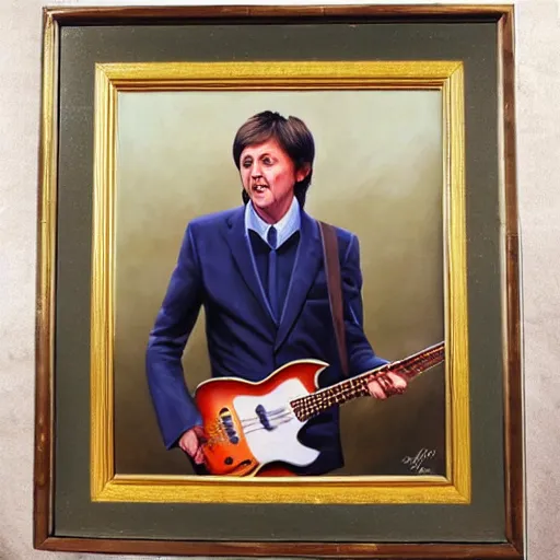 Prompt: a framed oil painting of an older paul mccartney, 8 k, high definition, highly detailed, photo - realistic