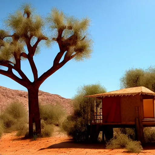 Prompt: Andalusian tree house in the desert, ladder, Pixar, sparkly