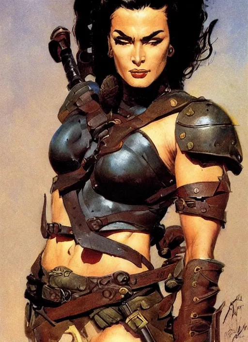 Image similar to portrait of strong female ranger, beautiful! coherent! by frank frazetta, by brom, strong line, deep color, leather armor, short buzzed hair, high contrast