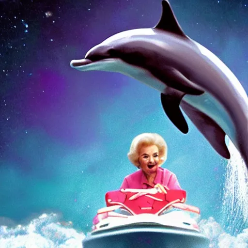 Image similar to betty white riding a dolphin through space, cinematic vfx