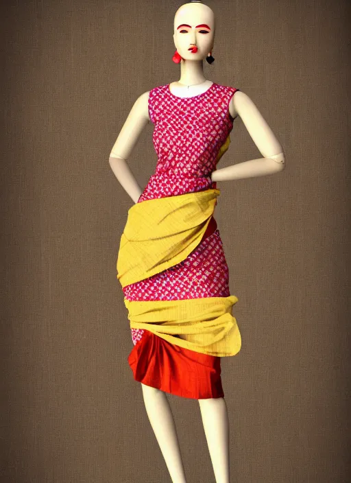 Prompt: beautiful mannequin wearing summer assamese mekehela bihu style floral gamosa dress ; flirtatious, boho - chic, sleeveless, elegant, short skirt length, slimmer demeanor, plethora of colors ; mini dress, highly detailed cute face by wlop ; octane render, unreal engine 5, symmetrical, high coherence, hdr fabric textures