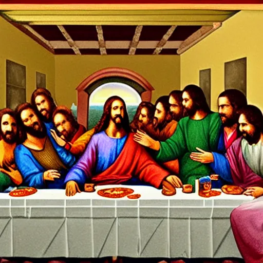 Prompt: jesus christ the last supper pizza party