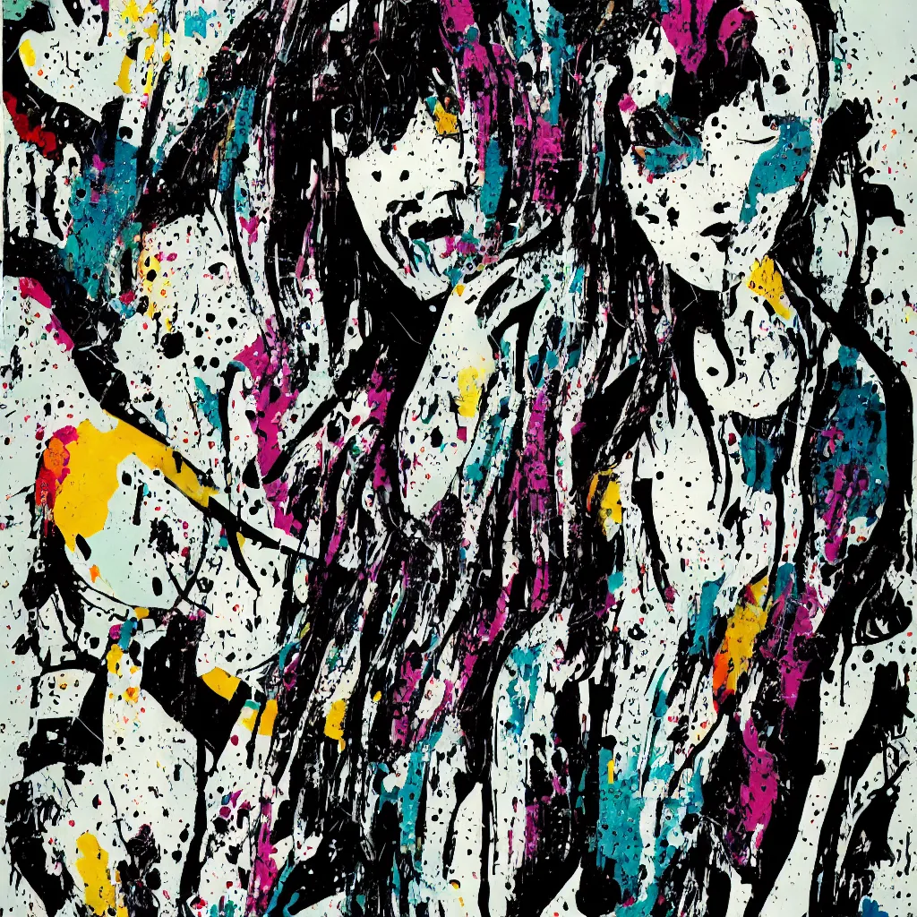 Prompt: girl figure, abstract, jet set radio artwork, ryuta ueda artwork, cryptic, rips, spots, asymmetry, stipple, lines, splotch, color tearing, pitch bending, stripes, dark, ominous, eerie, hearts, minimal, points, technical, old painting, natsumi mukai artwrok, folds