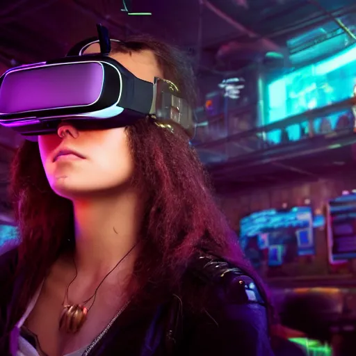 Image similar to a high quality portrait of a beautiful stunning pirate in a cyberpunk cyberpunk cyberpunk cafe wearing a VR visor, realism, 8k, award winning photo