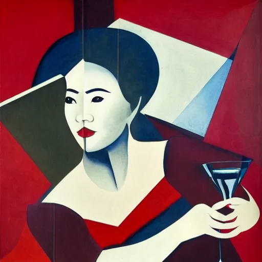 Image similar to cubistic illustration, close-up of an asian nurse with a piercing gaze drinking red wine, masterpiece, painted by Gottfried Helnwein in style of Albert Gleizes