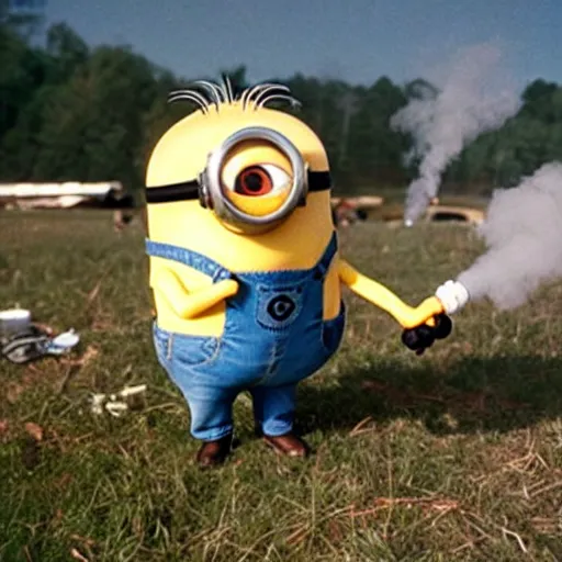 Image similar to photograph of minion from despicable me smoking a bong at woodstock, circa 1 9 6 9