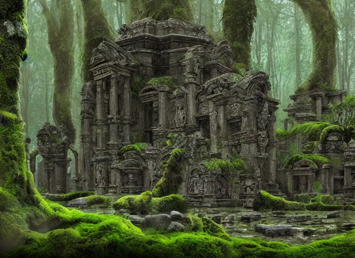 Image similar to A very detailed matte painting of mysterious ancient temple ruins overgrown with moss, lush plants, verdan trees, breathtaking, hyper-realistic, volumetric lighting, 4k resolution, digital art, trending on Artstation