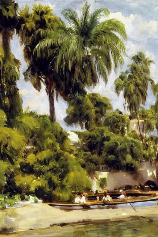 Image similar to a long river, tied bridge on local river, a lot of boat in river, 2 number house near a lot of palm trees and bougainvillea, summer, painting by john singer sargent