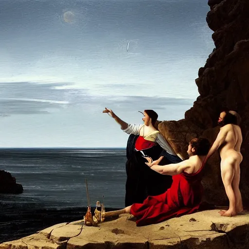 Image similar to beautiful oil matte portrait painting, people watching the stars at a portuguese cliff beach, wonderful masterpiece highly detailed, beautiful cinematic light deep focus, elegant, digital painting, smooth, sharp focus, golden ratio, dramatic illumination, ultra realistic, 8 k, art by artemisia lomi gentileschi and caravaggio