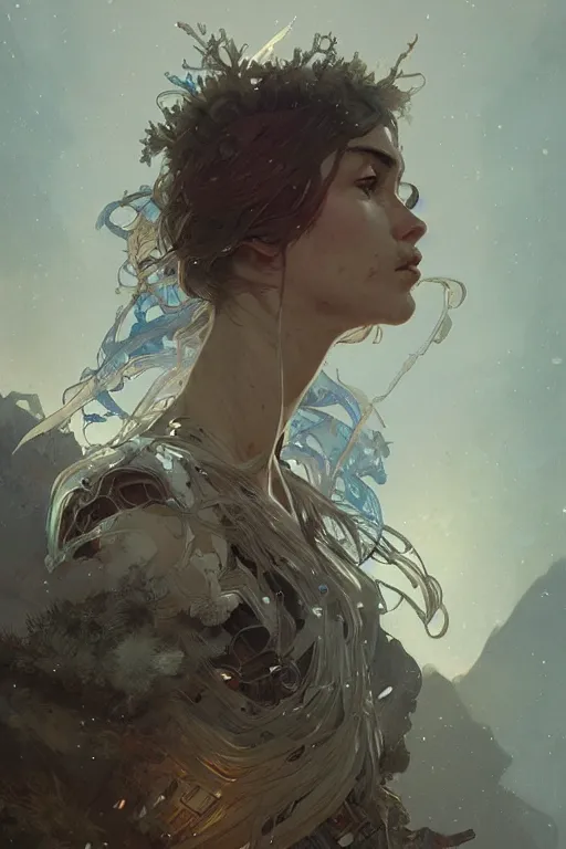 Image similar to A full portrait of a beautiful post apocalyptic offworld cryodreamer, intricate, elegant, highly detailed, digital painting, artstation, concept art, smooth, sharp focus, illustration, art by Krenz Cushart and Artem Demura and alphonse mucha