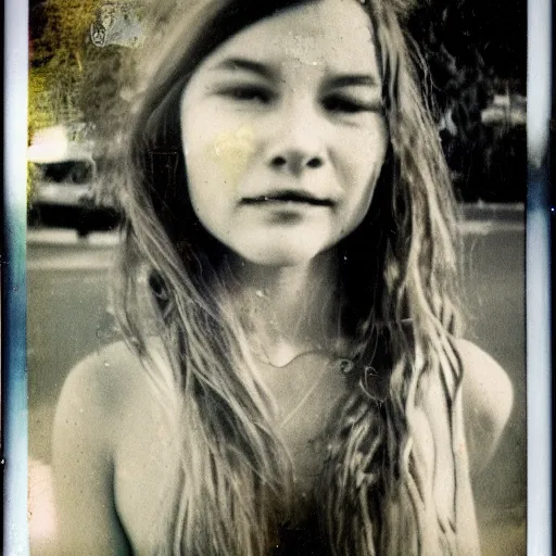 Prompt: an old polaroid of a hippie girl in Santa Monica, 1970