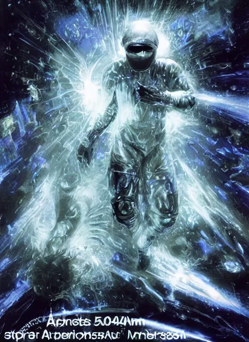 Image similar to astronauts in dark and empty void underwater - complex and hyperdetailed suit. reflection and dispersion materials. rays and dispersion of light. volumetric light. 5 0 mm, f / 3 2. noise film photo. flash photography. ultra realistic, wide angle. poster by wayne barlowe, hajime sorayama aaron horkey, craig mullins. dark key.