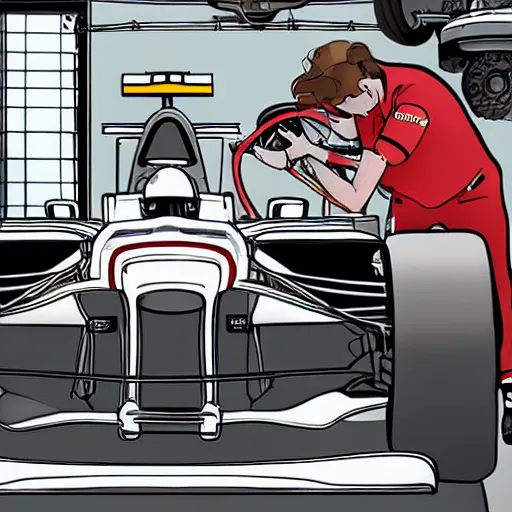 Prompt: formula one mechanic works on car, comic, wide shot, style by patrick brown