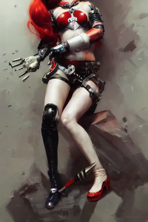 Image similar to portrait of Harley Quinn, dc comics, cyberpunk, Warhammer 40000, digital art from artstation by Ruan Jia and Mandy Jurgens and Artgerm and william-adolphe bouguereau