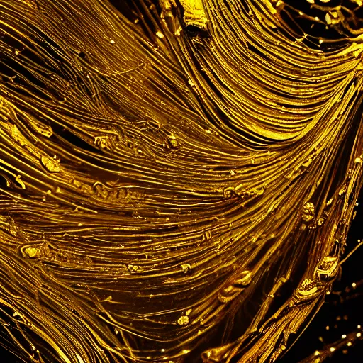 Prompt: macro photography of gold threads on dark liquid forming a neural network, photoreal, intricate textures, hyper real