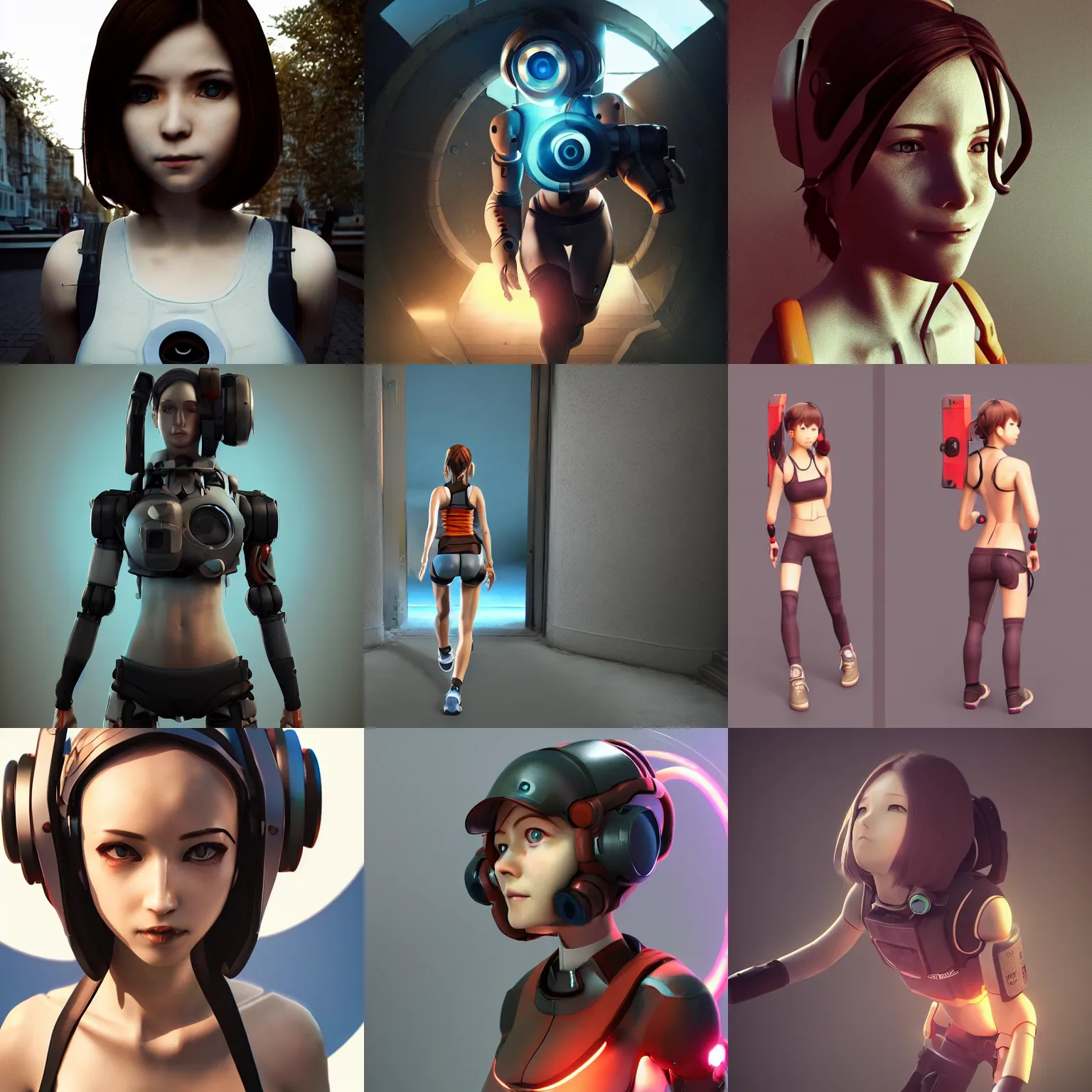 Prompt: portal game 9 9 9 9 9 valve, anime!!! cyborg photo - realistic 7 7 9 9 woman!!!! running, ( shy smiling face ), rembrandt, octane render, artstation