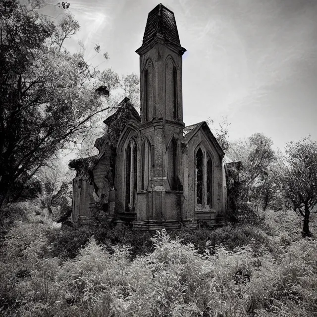 Image similar to infrared photograph of an abandoned church with overgrown vegetation, exterior, vintage photograph