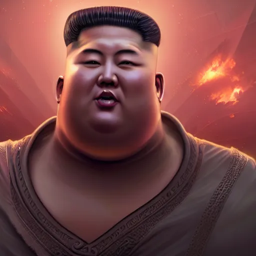 Image similar to portrait of kim - jong un as buddha, league of legends amazing splashscreen artwork, gears of war, splash art, natural light, elegant, photorealistic facial features, intricate, fantasy, detailed face, atmospheric lighting, anamorphic lens flare, cinematic lighting, league of legends splash art, hd wallpaper, ultra high details by greg rutkowski