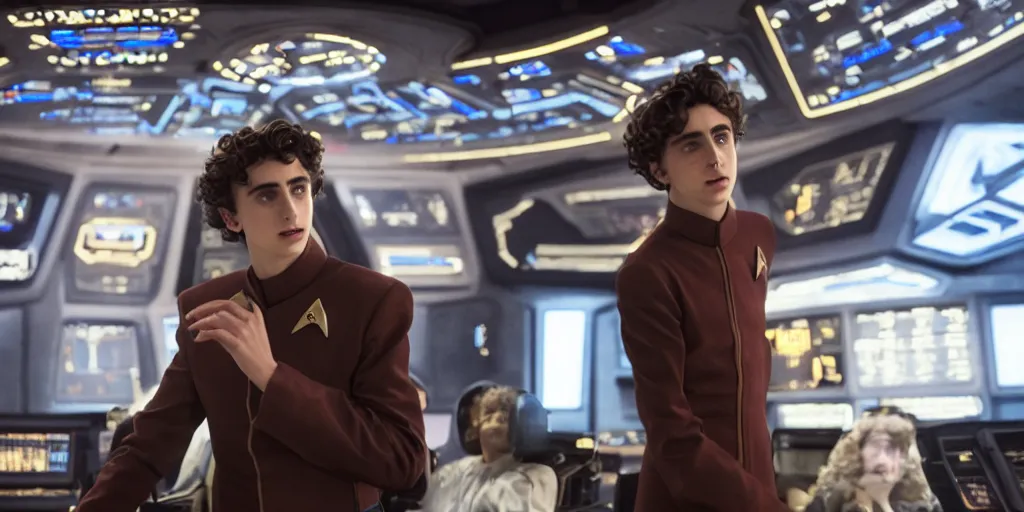 Prompt: Timothée Chalamet plays as captain in Star Trek Deep Space Nine, warp core in the background, 35mm photography, highly detailed, cinematic lighting, 4k, movie still