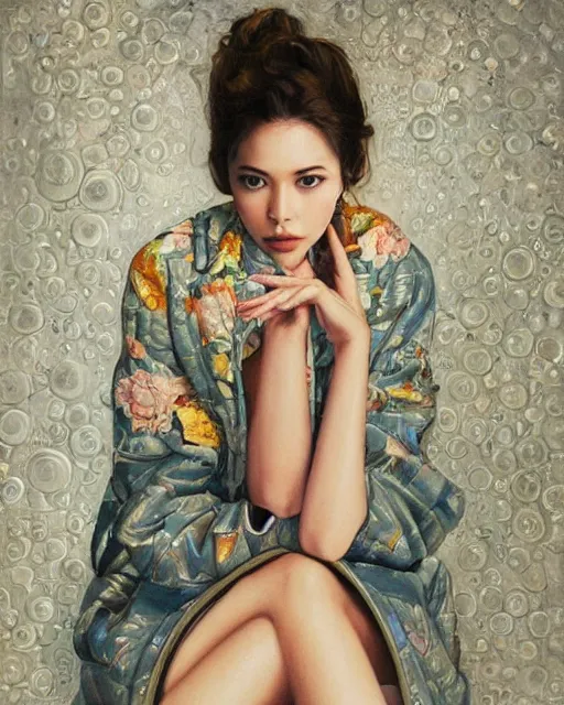 Prompt: a ultradetailed beautiful panting of a stylish woman sitting on the floor in a tiled room, she is wearing an oversized jacket, night time, highly detailed face, oil painting, by tran nguyen