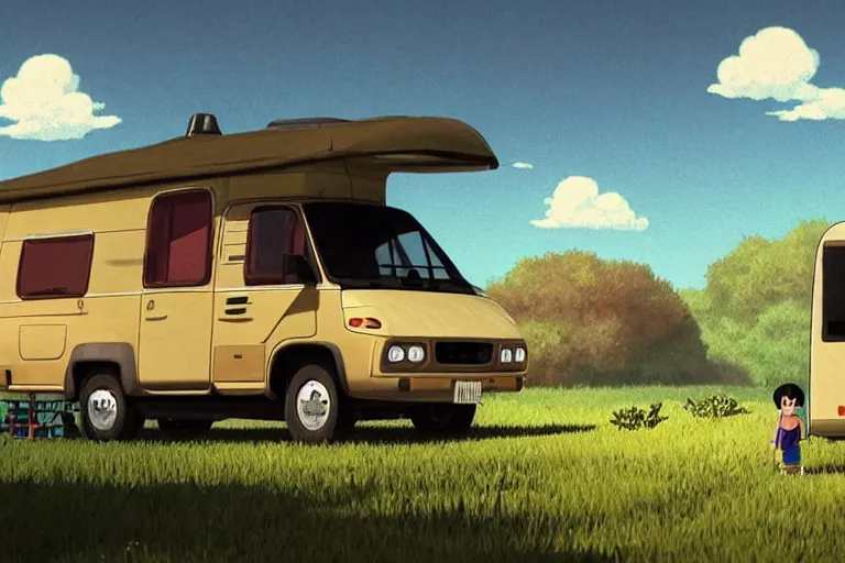 Prompt: a wholesome animation key shot of!! one!! focused! 1 9 9 4 fiat hymer motorhome! in the romanian countryside, medium shot, studio ghibli, ( ( pixar ) ) and disney animation, sharp, very detailed, high resolution, rendered in unreal engine 5, anime key art by greg rutkowski, bloom, dramatic lighting