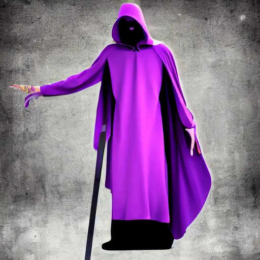 Image similar to grim reaper, purple cloak, full body