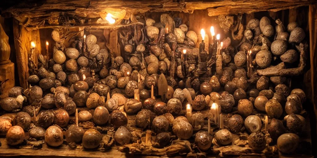 Image similar to a large old wooden cabinet full of extremely detailed scary alien eggs, burning candels in front, beautifull low light