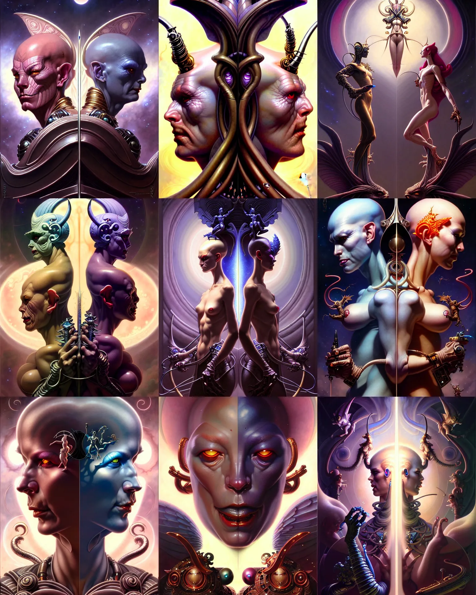 Image similar to beautiful gemini good and evil fantasy character portrait, ultra realistic, wide angle, intricate details, the fifth element artifacts, highly detailed by peter mohrbacher, hajime sorayama, wayne barlowe, boris vallejo, aaron horkey, gaston bussiere, craig mullins